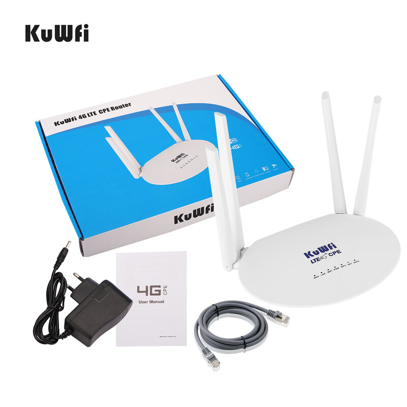 KuWFi 4G 와이파이 무선 CPE 라우터, SIM 카드 포함, 잠금 해제 홈 핫스팟, 외부 안테나, 32 사용자, 150Mbps, 4 개