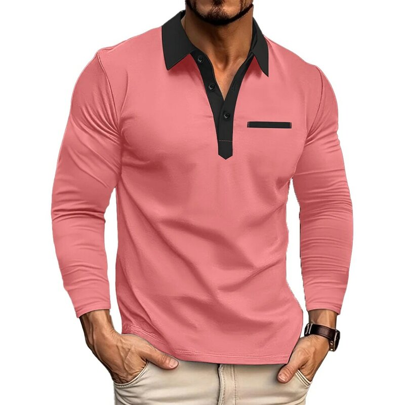 Футболка мужская эластичная из полиэстера, праздничная рубашка с отложным воротником и длинным рукавом, брендовая сорочка для отпуска, осень