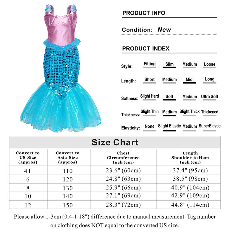 Jurebecia Little Girls Mermaid Costume Princess Dress Up Pretend Play Halloween Birthday Gift Sequins Accessories Outfit