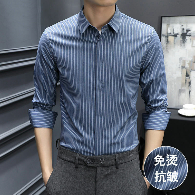 Camisa de manga larga 2-C2 para hombre, ropa formal de negocios informal de estilo coreano, de gama alta, sin hierro, antiarrugas, a rayas, primavera y verano