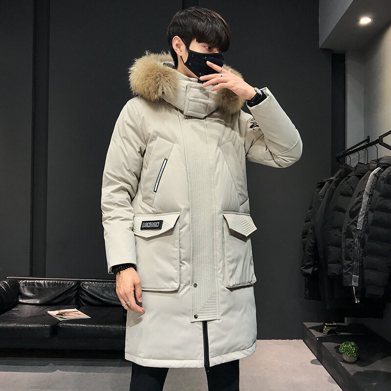 Chaqueta larga con capucha para hombre, chaqueta de plumón de pato blanco cálido con cuello de piel grande para exteriores, a la moda, 2022