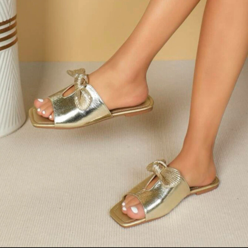 Sandales décontractées à nœud papillon pour femmes, pantoufles d'été, chaussures plates mignonnes, sandales de plage pour dames, diapositives, 2024