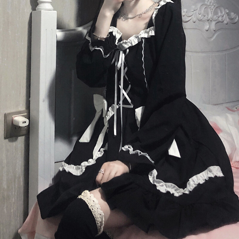 Gothic Lolita Black Dress Vintage Japanese Soft Girl Cute Bow Lace-up Ruffles Long Sleeved Princess Women Punk Dresses