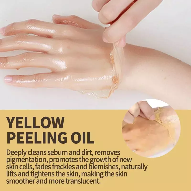Óleo de peeling amarelo, remover a pele morta, remover a pele morta, cotovelo, joelho, branqueamento, remover branqueamento, manchas escuras, iluminar, branquear