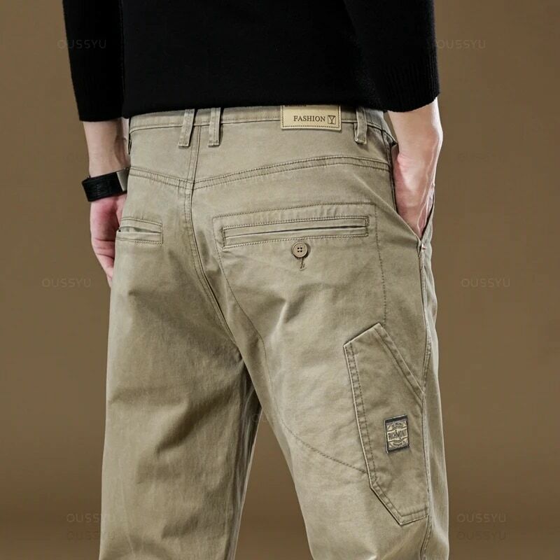Odzież marki OUSSYU 2024 nowe męskie spodnie Cargo 97% bawełniane jednolity kolor odzież do pracy swobodne spodnie szerokie koreańskie spodnie do joggingu męskie
