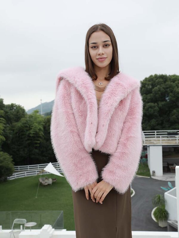 Jaket bulu imitasi wanita, pakaian musim dingin gaya merah muda jaket bulu imitasi pendek jaket pelangsing modis Egant pendek semua ukuran