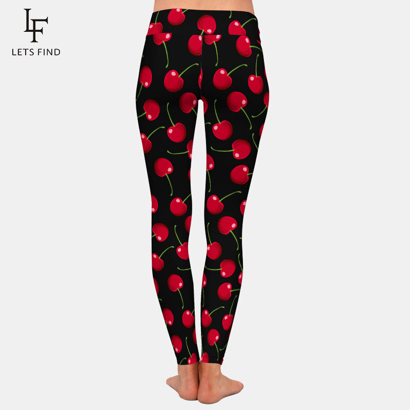 LETSFIND moda nowość owoce drukuj czerwone wiśnie druk cyfrowy kobiety legginsy wysokiej talii miękkie dopasowane legginsy do fitnessu