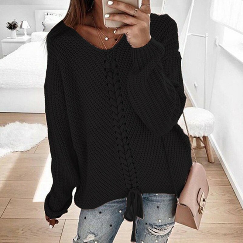 Elegant Warm Jumpers Sweaters Pullovers Tops Sweaters Autumn Winter Women Oversize Lace Up V-Neck Knit Loose Tops Pullover