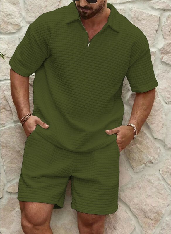 Summer 2024 New Men's Casual Trend, Fashionable and Comfortable, Waffle Solid Color Lapel Jersey, Sportswear