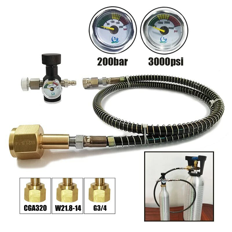 Soda Water Air Connect Co2 Cylinder Tank (TR21-4 Thread Type) Refill Adaptor With Hose Gauge Kit W21.8-14 G3/4 CGA320 Connector