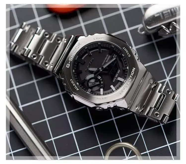 G-SHOCK-Relógio masculino de aço inoxidável, relógio de quartzo, multifuncional, à prova de choque, display duplo, moda casual, novo