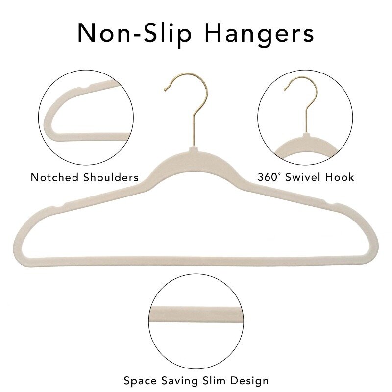 Non-Slip Velvet Clothes Hangers, 50/100 Pack, Beige/Black, Space Saving