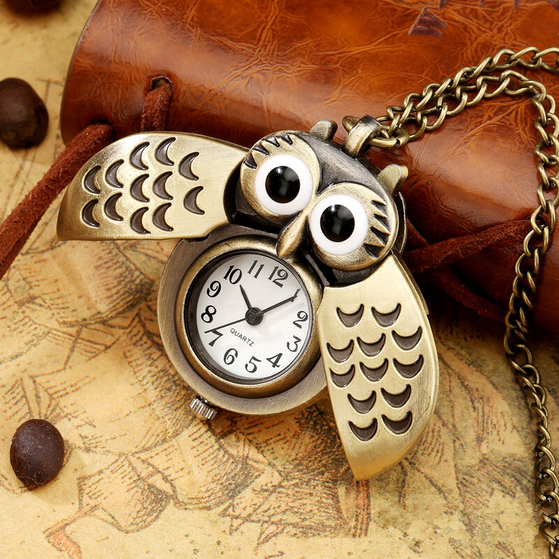 Jam Tangan Saku Quartz Hewan Gantungan Kunci Burung Hantu Mini Perunggu Hadiah Souvenir Penggemar Pria dengan Rantai Leher 80Cm Jam Tangan Hadiah
