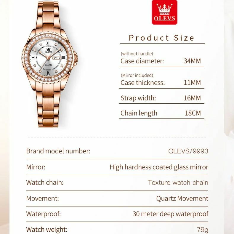OLEVS 9993 Full Diamond Women's Watches Luxury Elegant Dual Calendar Display Waterproof Stainless steel Quartz Watch for Women