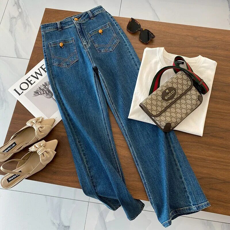 Calça feminina reta de cintura ultra alta para limpar o chão, jeans retrô francês, bolso frontal, novo design, primavera e outono, 2024