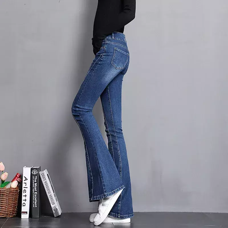 Jeans Flare Skinny com fundo de sino para mulheres, streetwear com patchwork, jeans stretch vintage, calças esfregando cowboy, nova moda