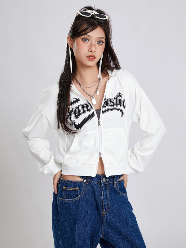 Zjljayaychou-女性のジップアップパーカー、ヴィンテージスウェットシャツ、長袖、文字のグラフィックプリント、e-girl、teen