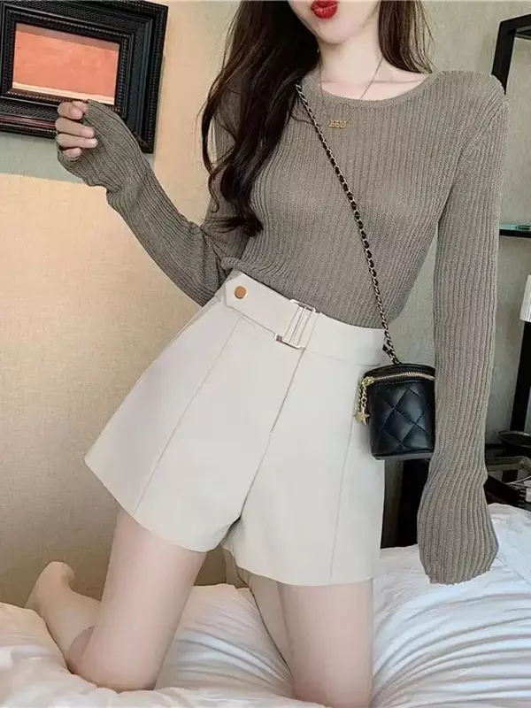 Shorts Frauen hohe Taille breites Bein A-Linie solide lose Gürtel Design Frühling koreanische Mode elegante All-Match-Büro Damen stilvoll
