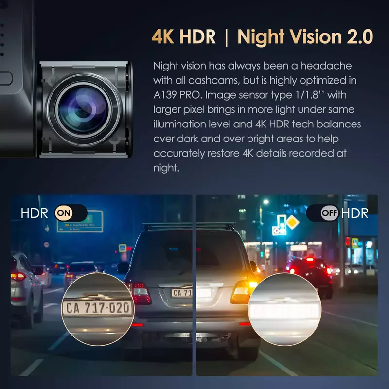 Viofo a139 pro 4k hdr dash cam starvis 2 sensor, vordere und hintere auto kamera ultra hd 4k 1080p super nachtsicht, 5ghz wifi gps