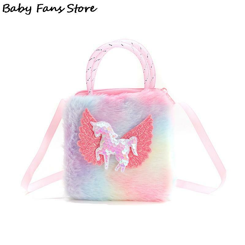 Tas tangan bulu anak perempuan, dompet bahu putri Unicorn, tas selempang musim dingin, tas ponsel boneka, dompet Mini anak-anak