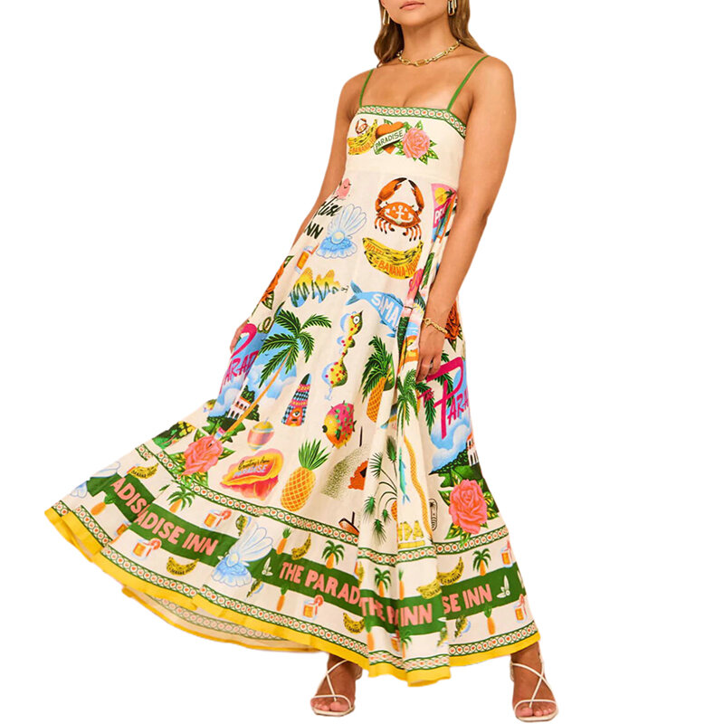 Летние Длинные Платья с цветочным принтом для женщин 2024, элегантное платье-трапеция без рукавов с квадратным вырезом и открытой спиной, женское повседневное пляжное платье