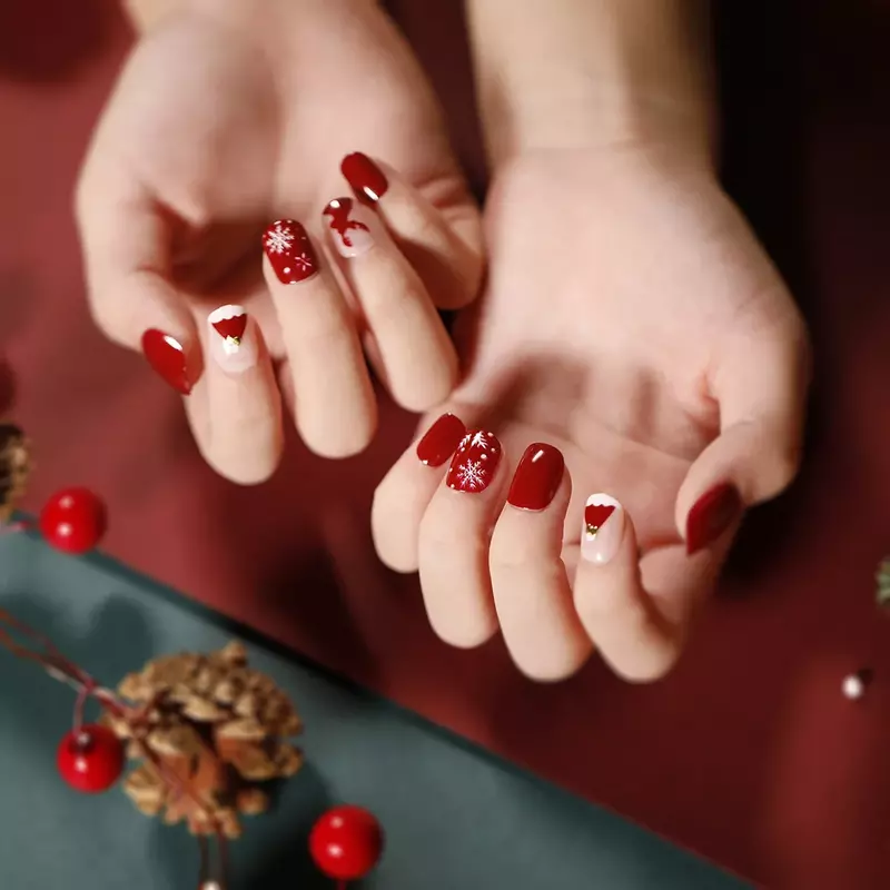 24 pz breve natale unghie finte regalo fiocco di neve bianco Design rosso indossando unghie finte premere sulle punte delle unghie rimovibili spedizione gratuita