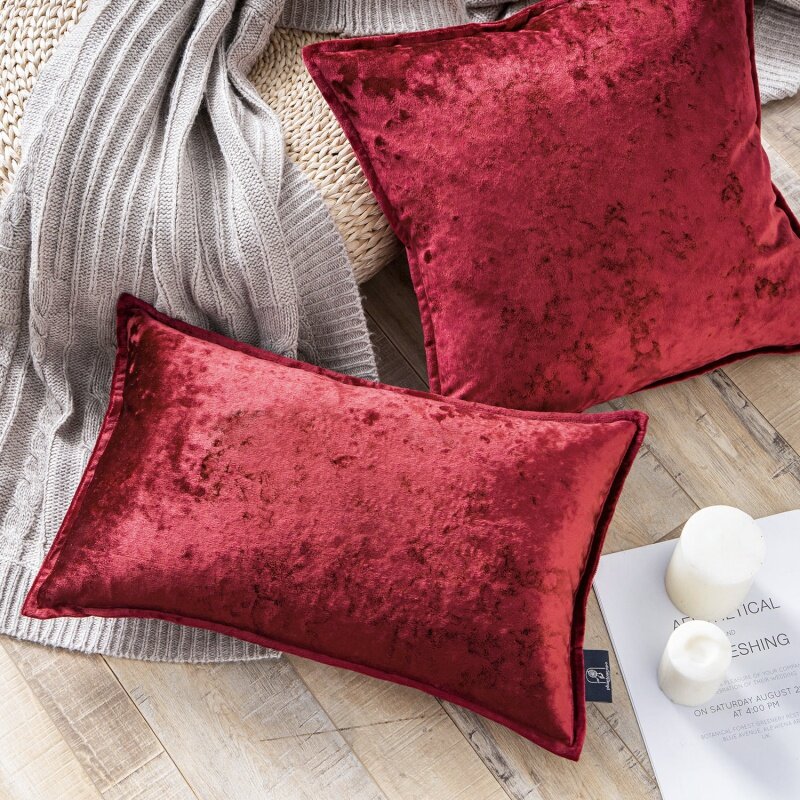 Phantoscope Shiny Crushed Velvet with Trim Series Decorative Throw Pillow, 22" x 22", Red, 2 Pack