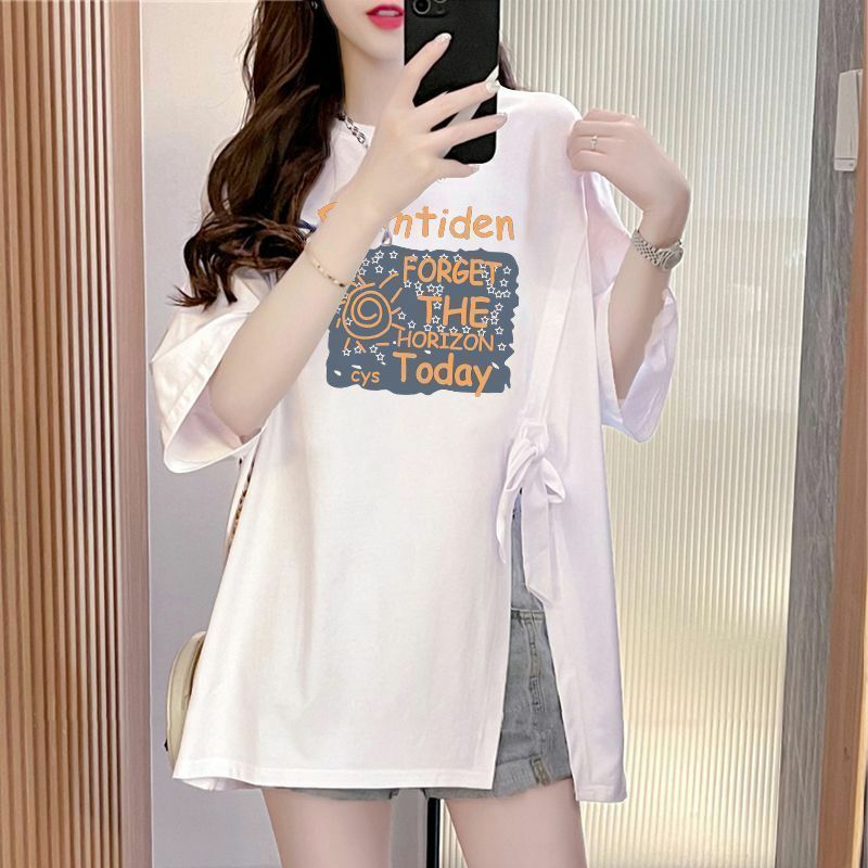 Fashion O-Neck Printed Letter Slit Lace Up Bow T-Shirts Female Clothing 2024 Summer New Loose Casual Tops All-match Tee Shirt