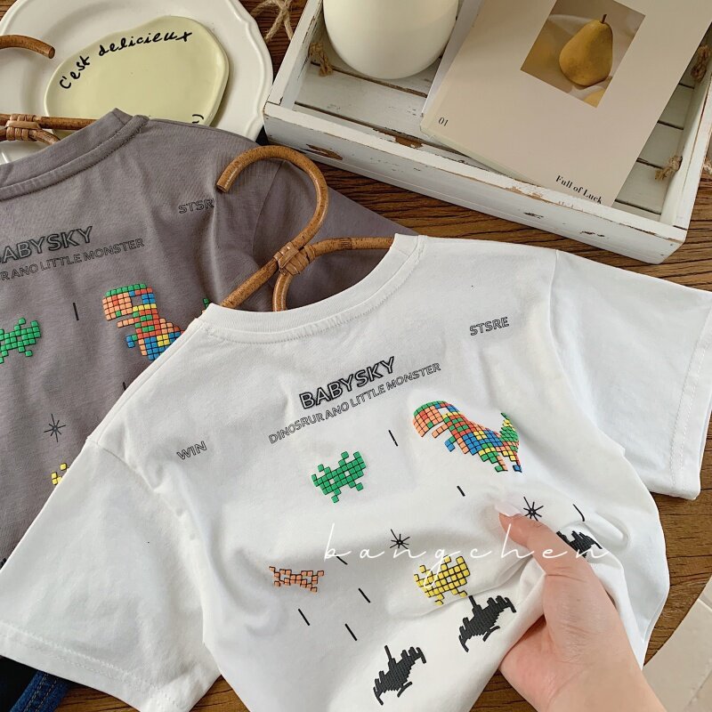 Desenhos animados infantis impressos camiseta de manga curta, dinossauro arco-íris, meninos, verão, novo, G0125-WS