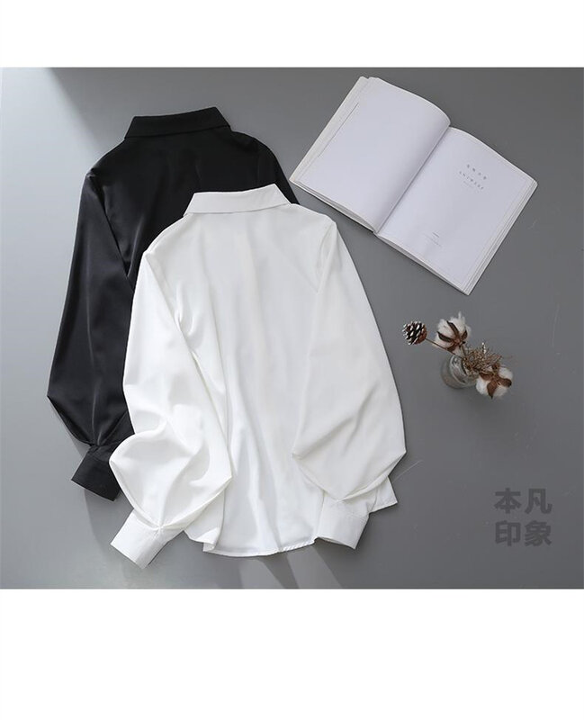 女性用ランタンスリーブ付きホワイトシャツ,ルーズフィット,折り返し襟,シンプル,シックなデザイン,韓国スタイル,ファッション,ブラウス