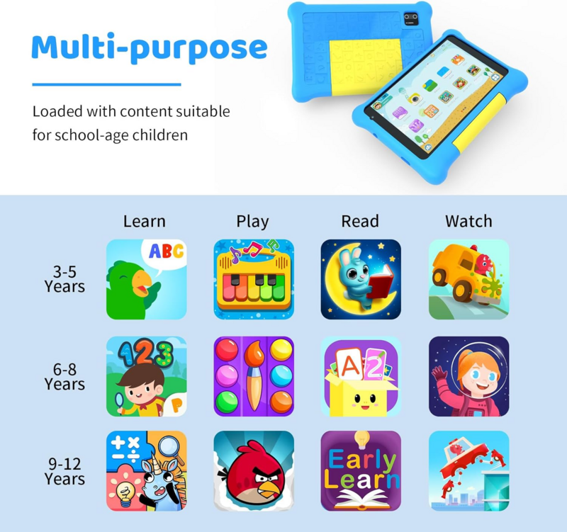 جهاز لوحي Freeski-Android 12 للأطفال ، شاشة عالية الدقة 7 بوصة ، ذاكرة رام 2 جيجابايت ، ذاكرة 32 جيجابايت ، معالج رباعي النواة ، Kidoz مثبت مسبقًا