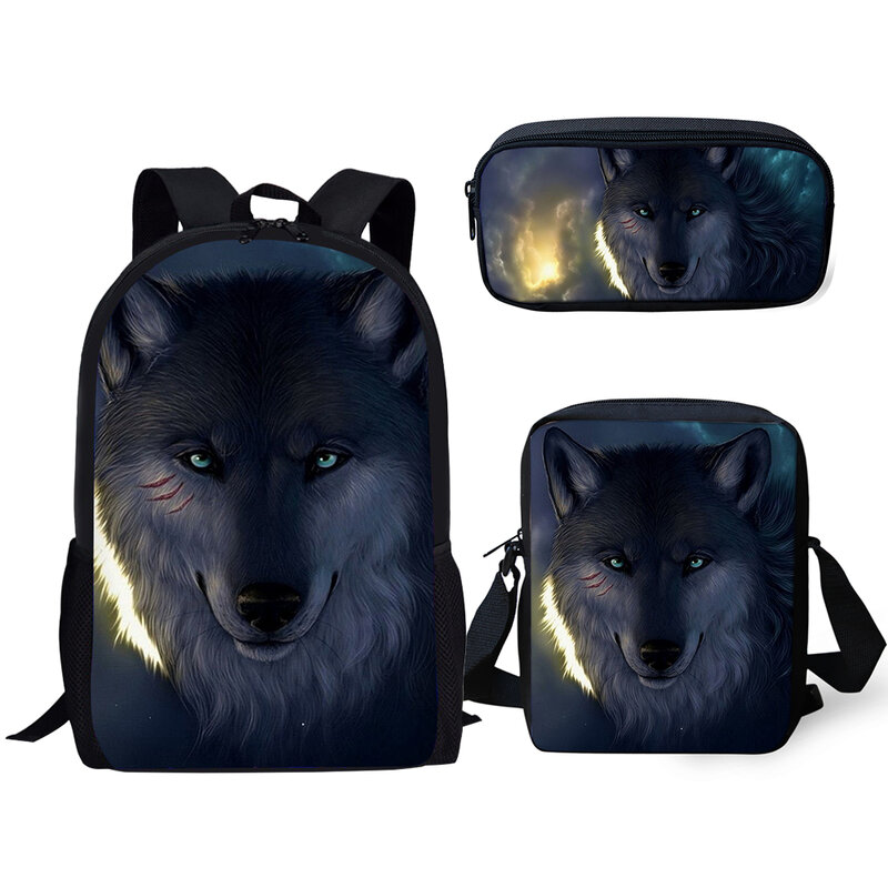 Mochila clásica con estampado 3D de Fantasy Moon Wolf, mochilas escolares para pupilas, mochila de día para ordenador portátil, bolso de hombro inclinado, estuche para lápices, 3 unidades por juego