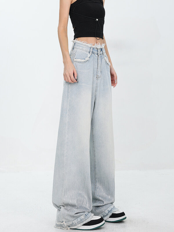Женские широкие джинсы в стиле ретро, свободные прямые брюки с высокой талией, повседневные напольные брюки