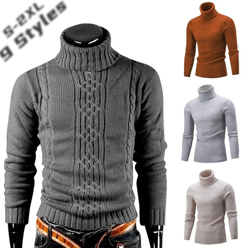 Sweater rajut lengan panjang pria, baju Sweater hangat pria, Sweater Turtleneck lengan panjang, baju Pullover pria