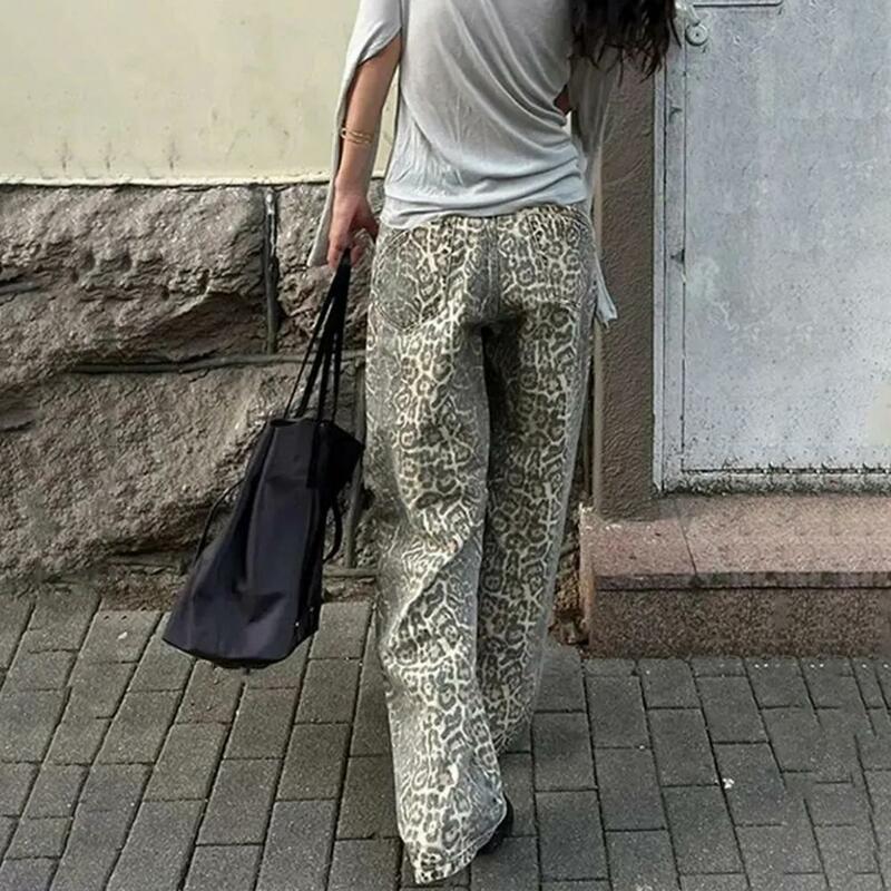 Jeans Unisex Jeans a gamba larga con stampa leopardata per donna uomo pantaloni in Denim Streetwear retrò con tasche Hop chiusura con cerniera Unisex