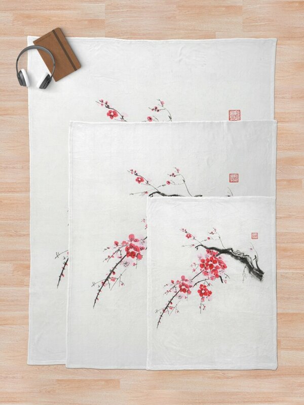 Pintura Zen japonesa abstracta de flor de cerezo, rama de Sakura con flores rojas en blanco, manta de tiro con estampado artístico, manta Polar