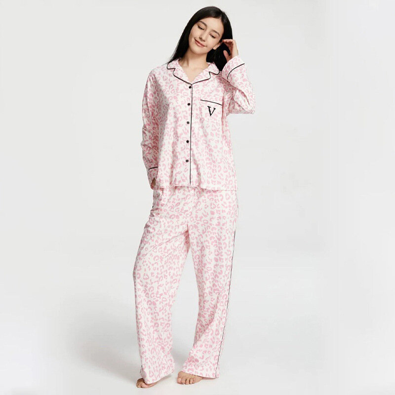 Conjunto de pijama de manga larga para mujer, ropa de casa suave y cómoda con bolsillo y Letras en V, primavera, verano y otoño