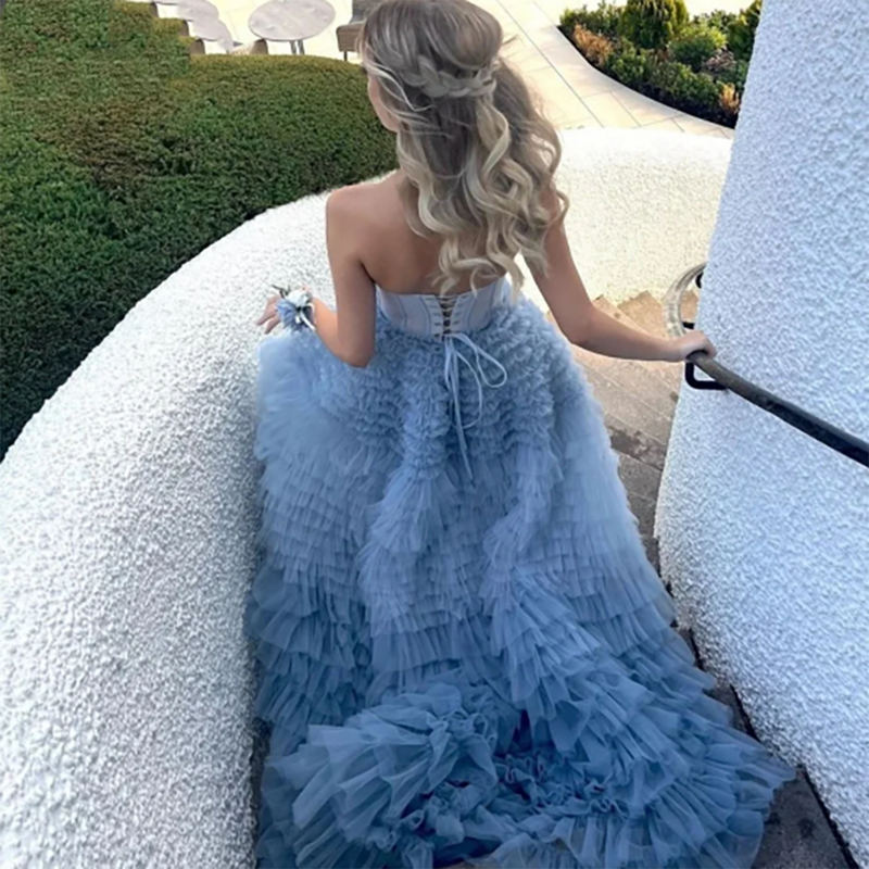 ชุดเจ้าสาวแบบ Charming gaun pengantin malam ยาวถึงพื้นแบบทางการสำหรับผู้หญิงมีระบายหลายชั้นเกาะอกสีฟ้าอมเขียวหวาน