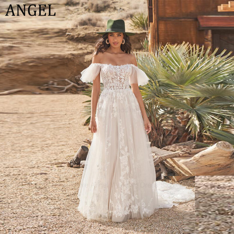 Anioł iluzja kochanie suknia ślubna z tiulu długość podłogi z ramienia w linii suknia ślubna dostosowana szata de Mariée
