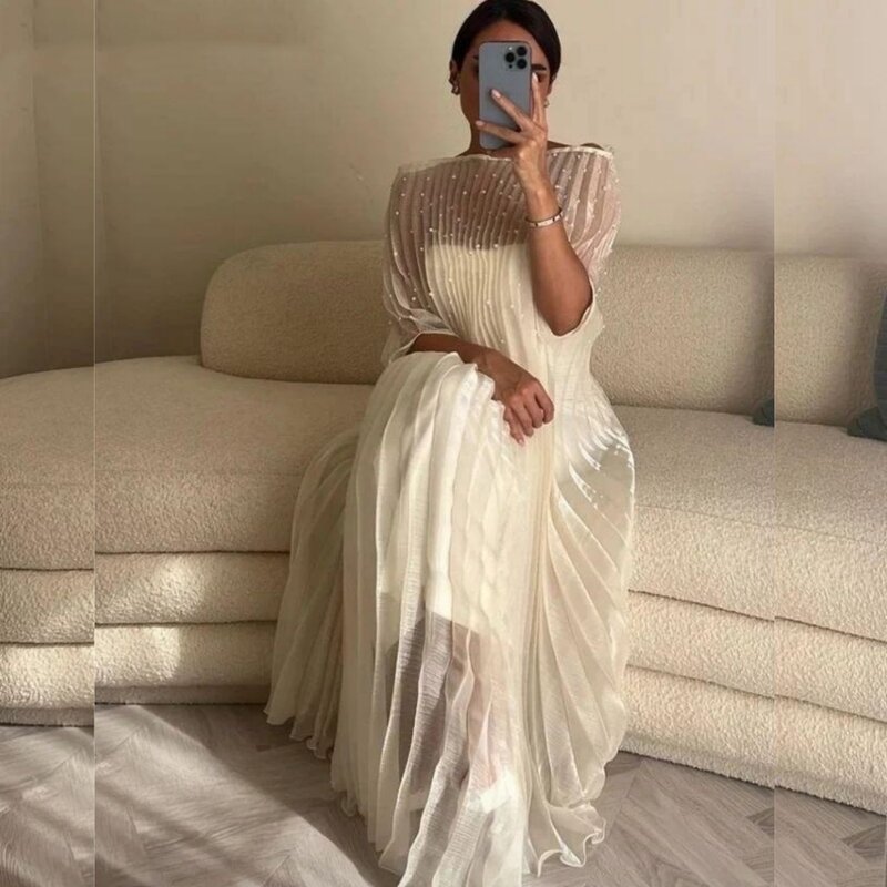 Sukienka na studniówkę wieczorowa siateczkowa perłowa drapowana walentynkowa sukienka bez ramiączek na okazję sukienki Midi Arabii Saudyjskiej