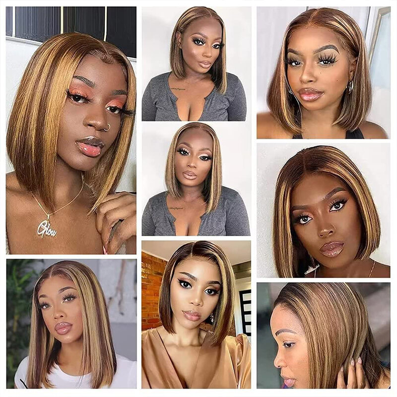 Highlight Ombre Bob Wig Human Hair Straight 4/27 Honey Blonde Bob Lace Front Wigs Human Hair 12 Inch 13x4 Lace Front Bob Wigs