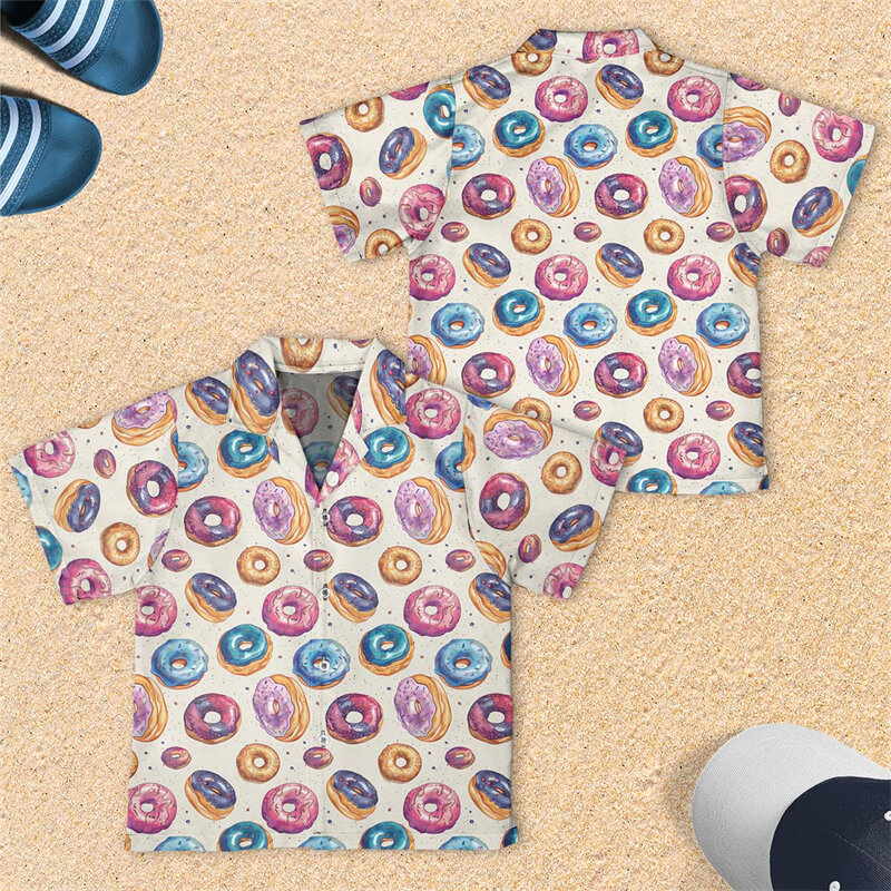 Kawaii Donut Graphic Beach Shirt Casual Food Beach Shirt Cartoon Snack Long Sleeve Blouses Doughnut Lapel Blouse Dessert Tops