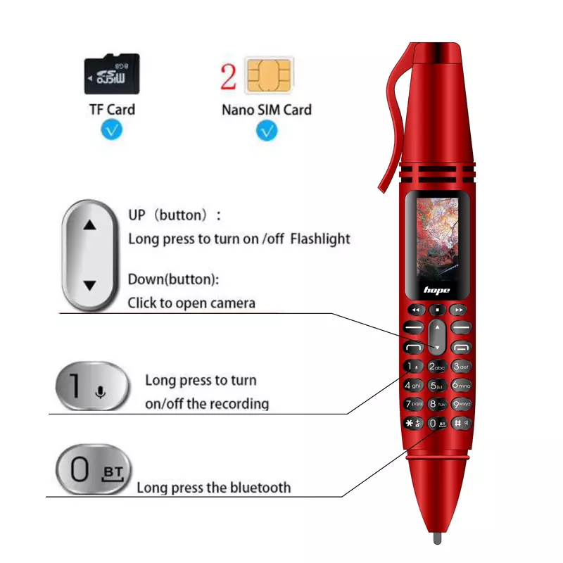 UNIWA AK007 2G GSM 미니 펜 모양 휴대폰, 0.96 인치 듀얼 심 휴대폰 다이얼러, 매직 보이스 MP3 FM 보이스 녹음기 휴대폰, 판매 중
