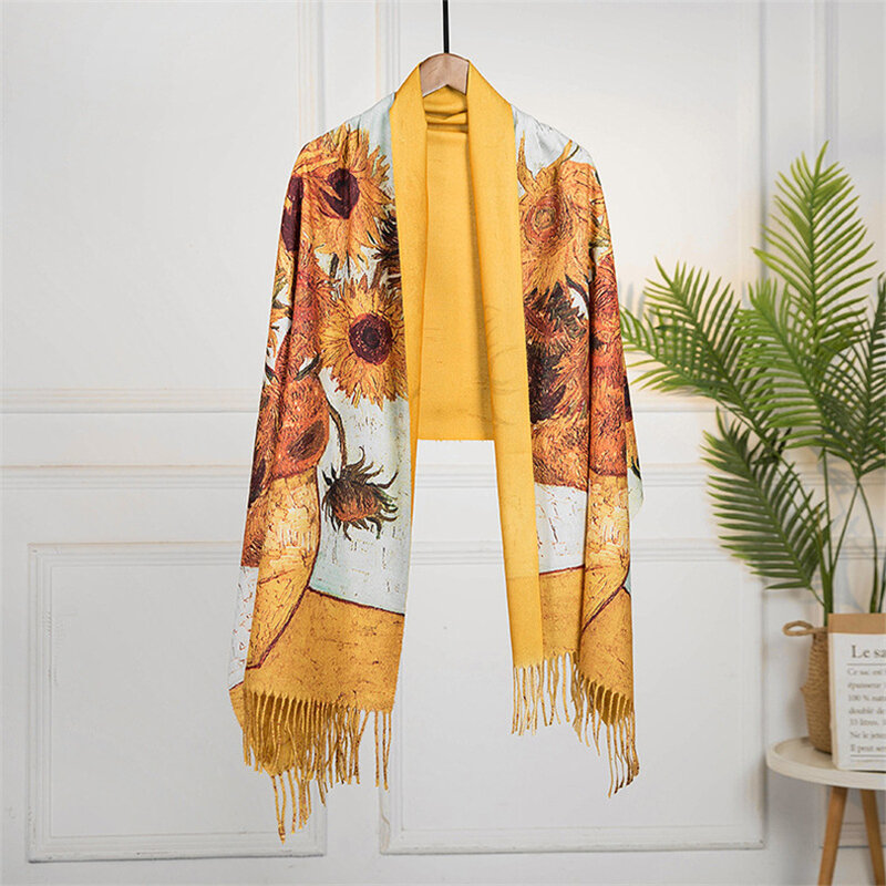 Women Autumn Winter Retro Oil Painting Style Scarf Lady Cashmere Feeling Muffler Spring Fall Large Blanket Shawl Soft Warm Wrap