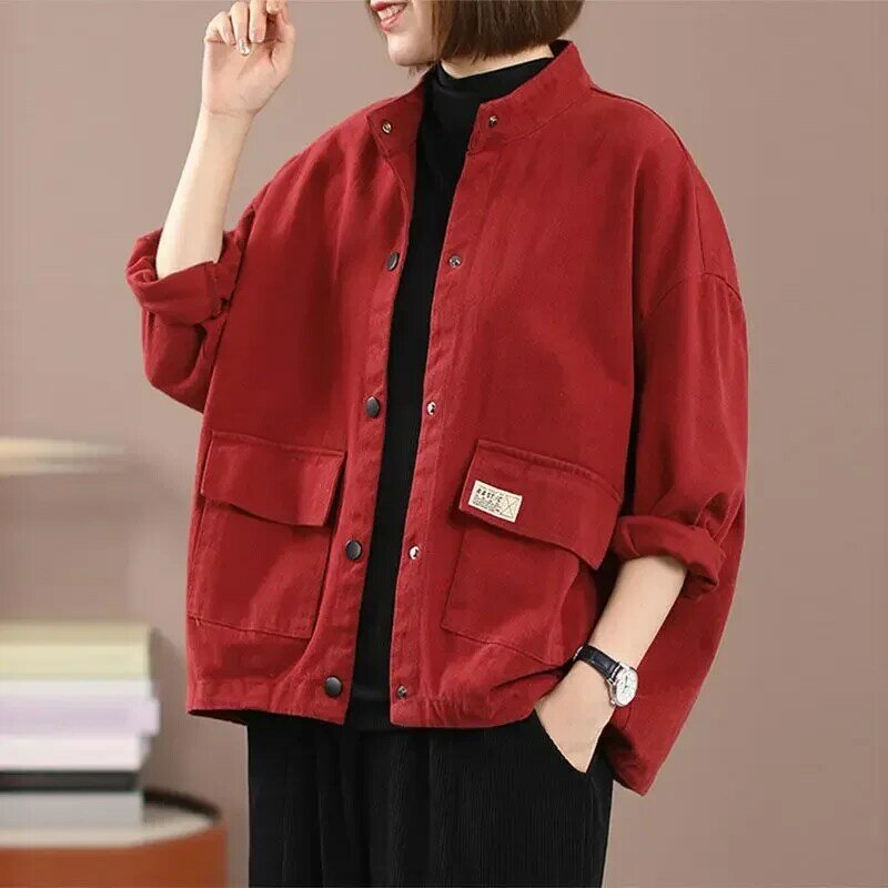 QNPQYX New Spring/autumn Women Loose Casual Long Sleeve O-neck Outerwear Coats Pocket Patchwork Single Breasted Jackets