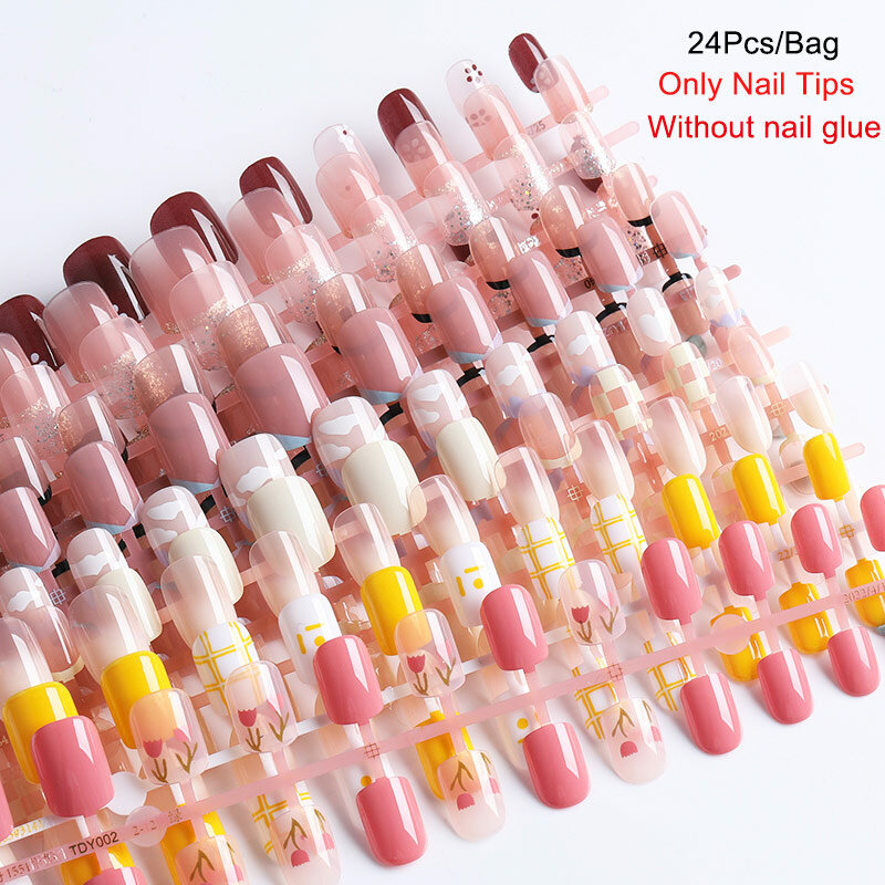 24 pz dolce estate unghie finte patch rosa Glitter nudo stampa sulle unghie donne indossabili Nail Art adesivi Full Finished False Nail