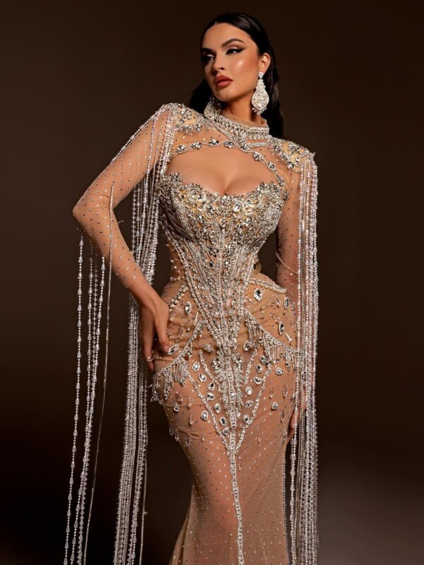 Shiny Beads Crystal Prom Gown Sexy Illusion Mermaid Long Cocktail Dresses Luxury Tassel Evening Dress Robe De Mariée