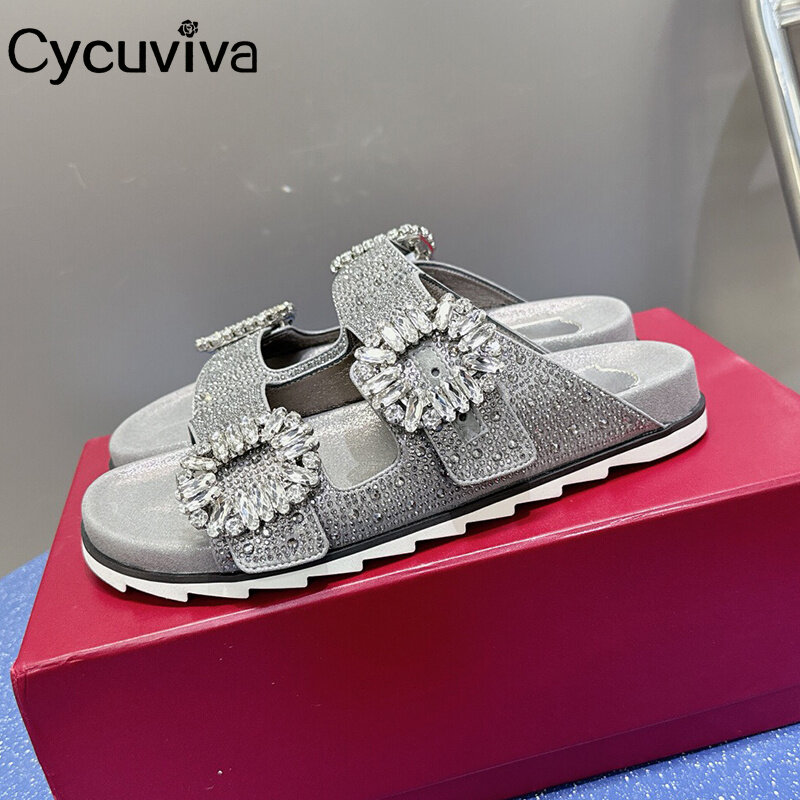 Summer Square Crystal Buckle Slides Brand Slippers Women Holiday Platform Flat Dress Shoes For Woman Designer Sandalias Mujer