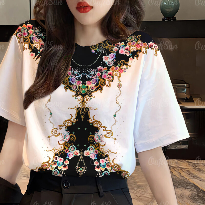 Camiseta estampada em flores 3D feminina, camiseta com gola redonda, manga curta, roupa solta, barroco, moda casual, primavera, verão