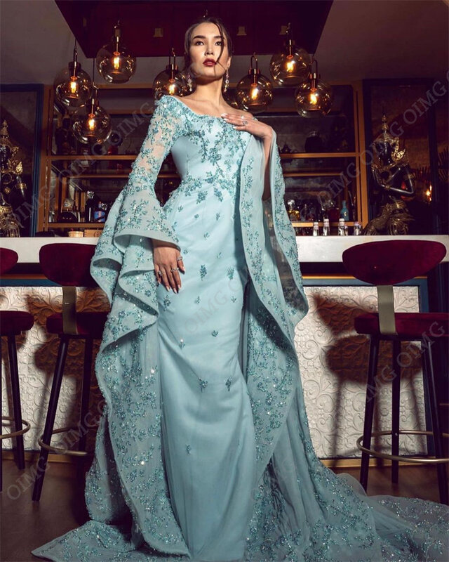 OIMG-Vestido de noite com miçangas brilhantes, lantejoulas plissadas, sereia cristal Beading, flores lantejoulas, partido árabe saudita formal, Dubai, verde